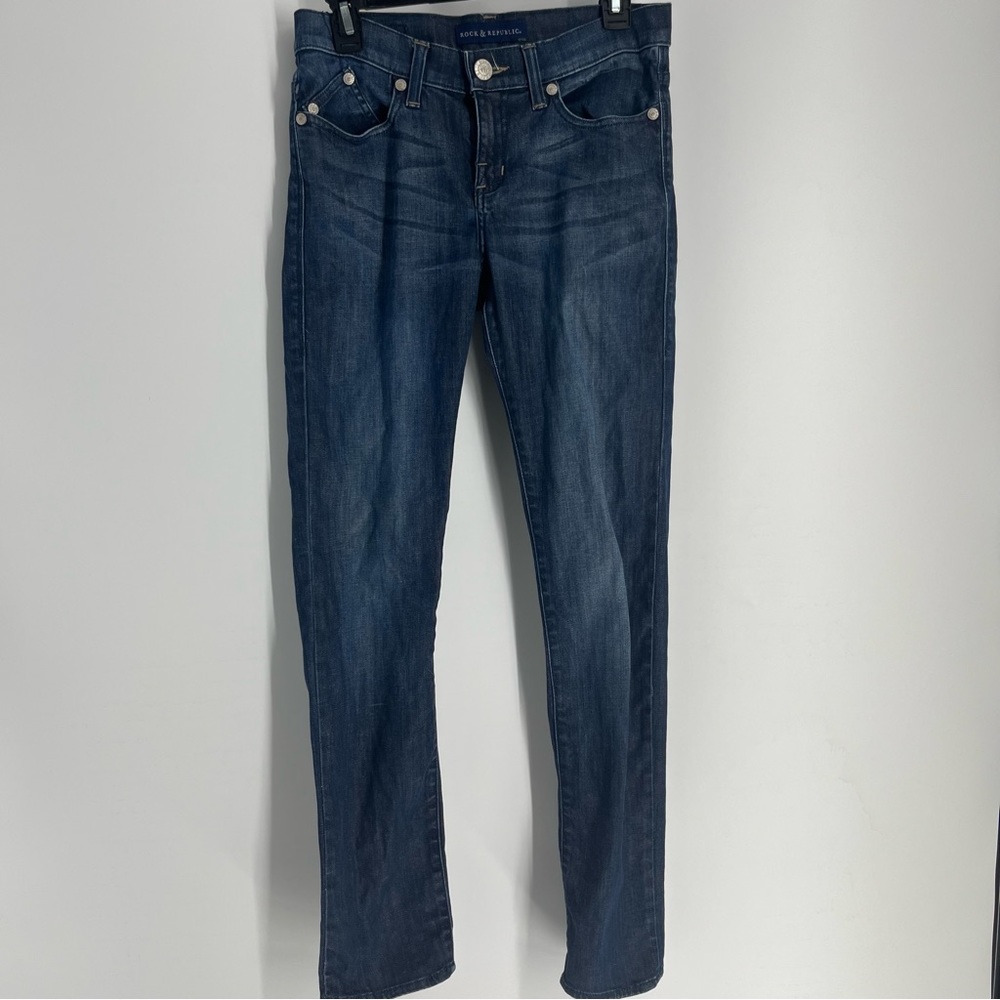 Rock & Republic Jeans Womens 8 Blue Dark Washed Skinny Long Back Logo Denim Pant